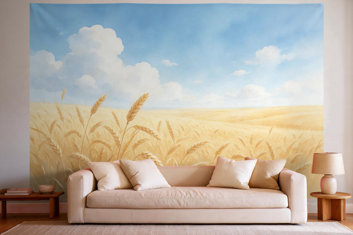 Tapiz de pared XXL Campo de trigo bajo el cielo de verano como decoración en un salón luminoso sobre el sofá