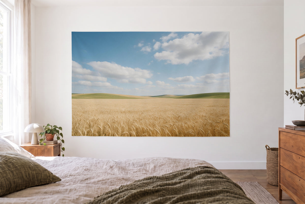 Tapiz trigo bajo cielo con nubes en el dormitorio claro frente a la cama, cómoda de madera a la derecha – azul y amarillo