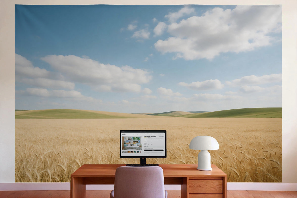 Decoración de pared en la oficina detrás del escritorio: tapiz de tela Campo de trigo bajo cielo azul con nubes