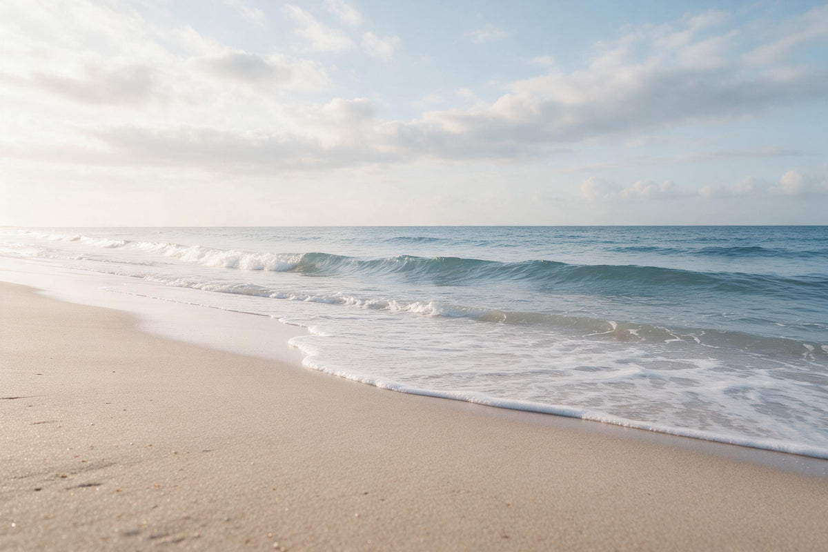 Sanfte Wellen am feinen Sandstrand unter weichem Wolkenhimmel, als Wandtuch, auf Stoff gedruckt – Beige und Blau