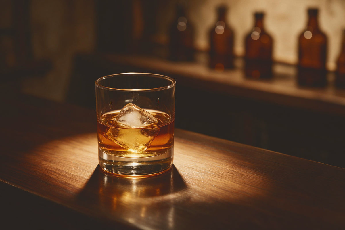 Vaso de whisky con un cubito de hielo en una vieja barra con cálida luz de lámpara, tapiz impreso en tela – dorado y marrón