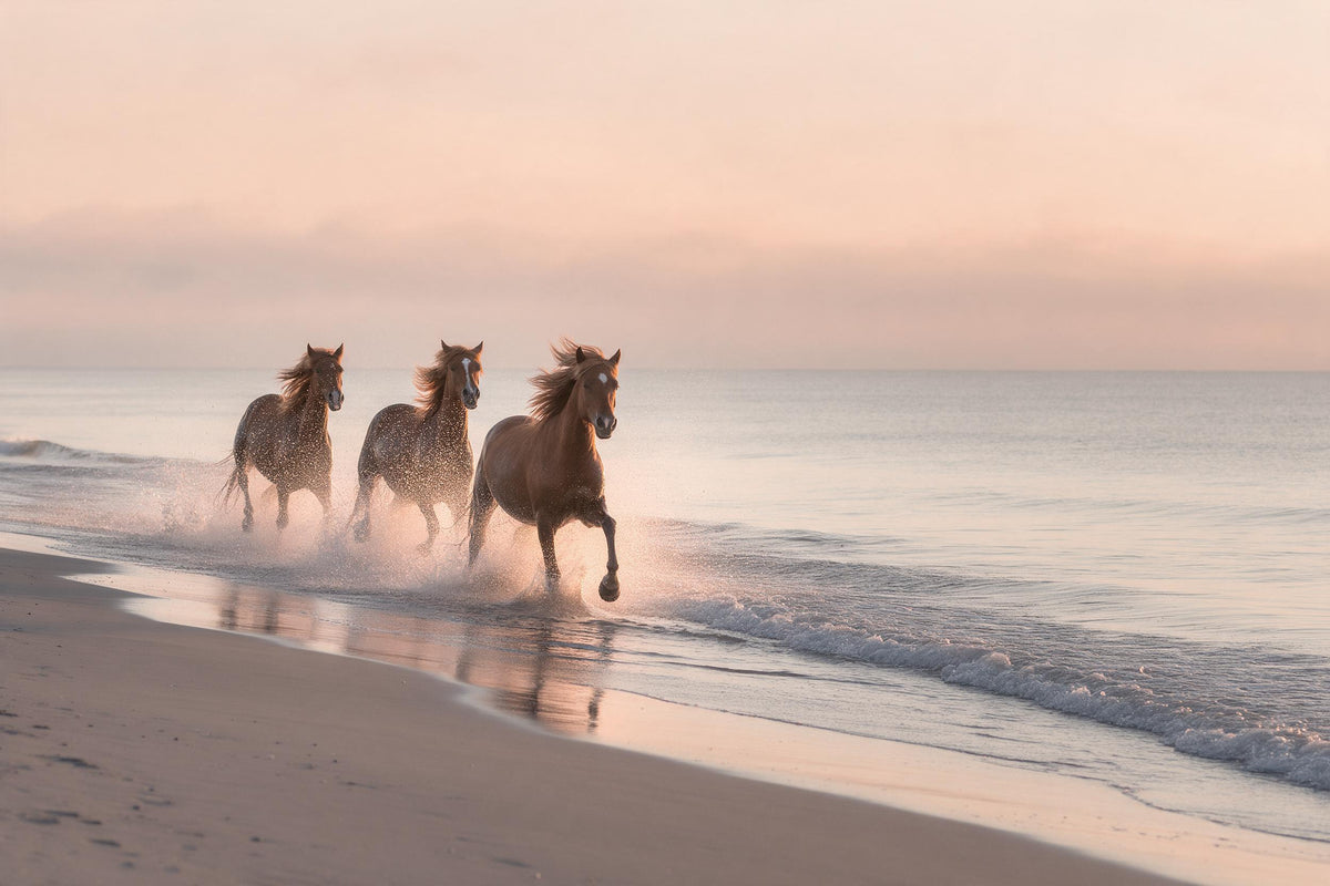 Drei Pferde galoppieren im Morgenlicht durch die Brandung am Strand, als Wandtuch, auf Stoff gedruckt – Pfirsich und Grau