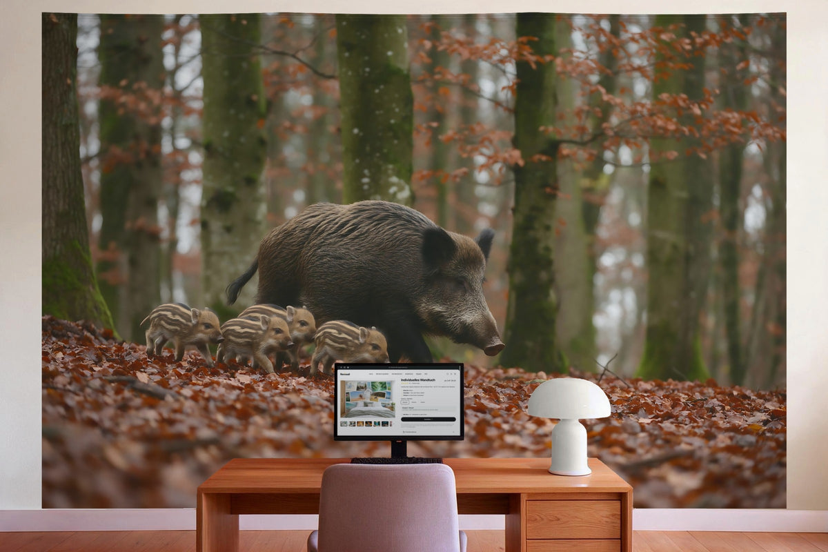 Wanddeko im Büro hinter dem Schreibtisch: Wandtuch Wildschwein mit Frischlingen, auf Stoff gedruckt