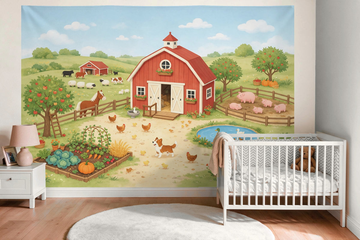 Wandtuch XXL Wimmelbild vom Bauernhof als Wanddeko im Babyzimmer über dem Babybett