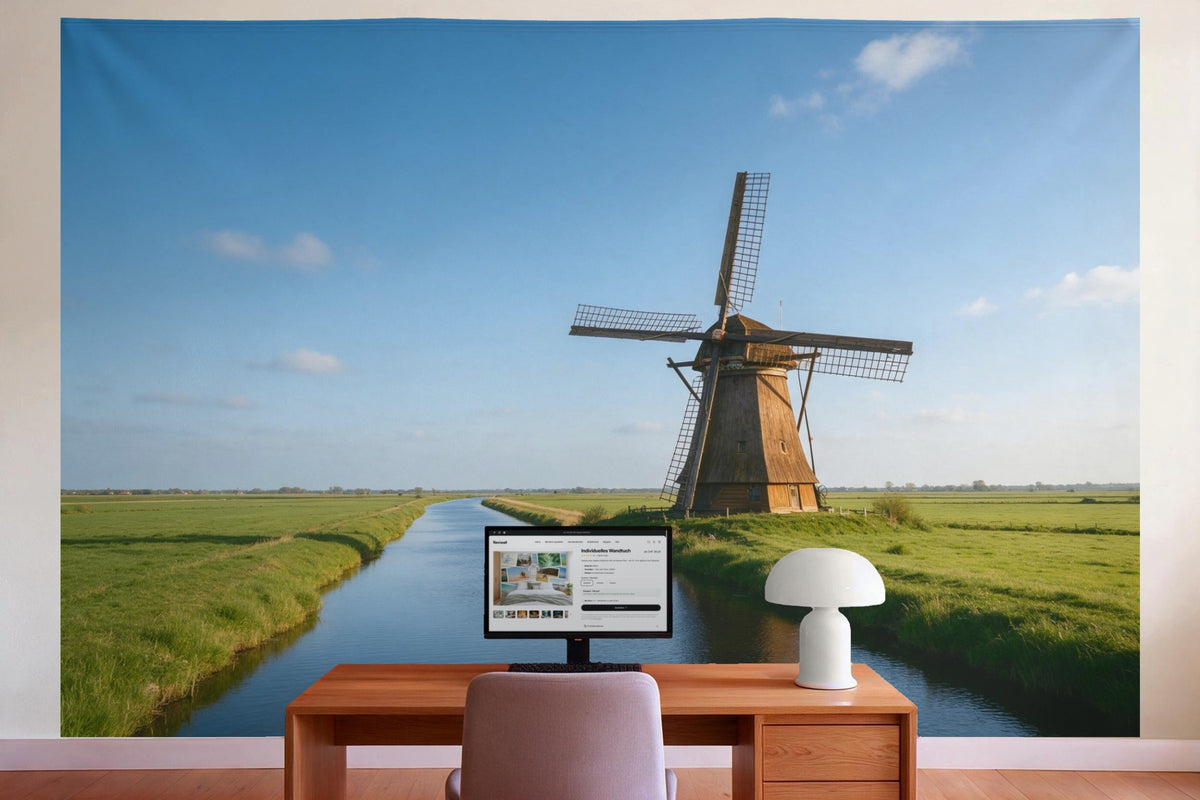 Wanddeko im Büro hinter dem Schreibtisch: Wandtuch Windmühle am Kanal, auf Stoff gedruckt