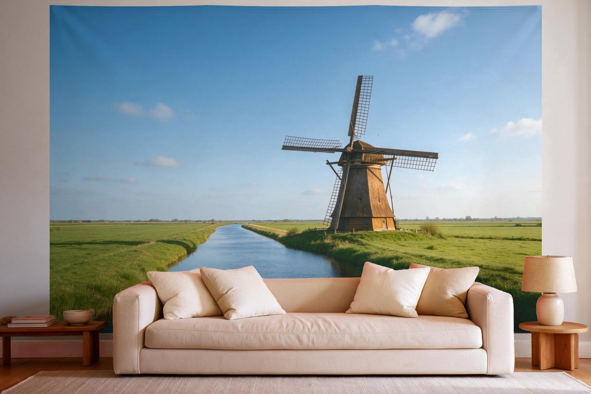 Wandtuch XXL Windmühle am Kanal als Wanddeko im hellen Wohnzimmer über dem Sofa