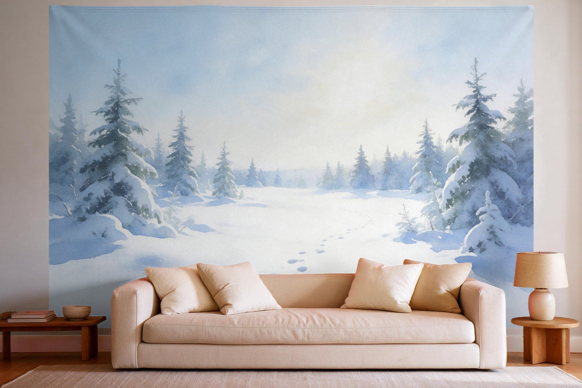 Tenture murale XXL Forêt d'hiver à l'aquarelle en déco murale dans un salon lumineux au-dessus du canapé