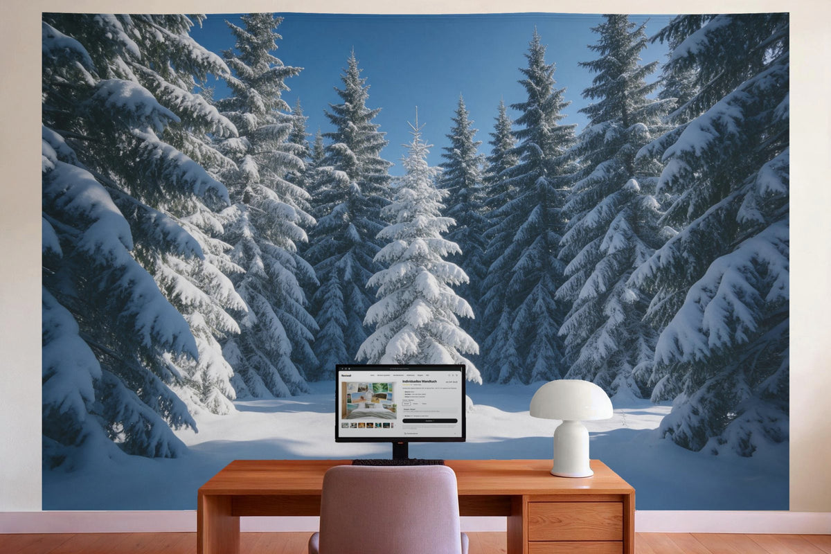 Wanddeko im Büro hinter dem Schreibtisch: Wandtuch Verschneiter Winterwald, auf Stoff gedruckt