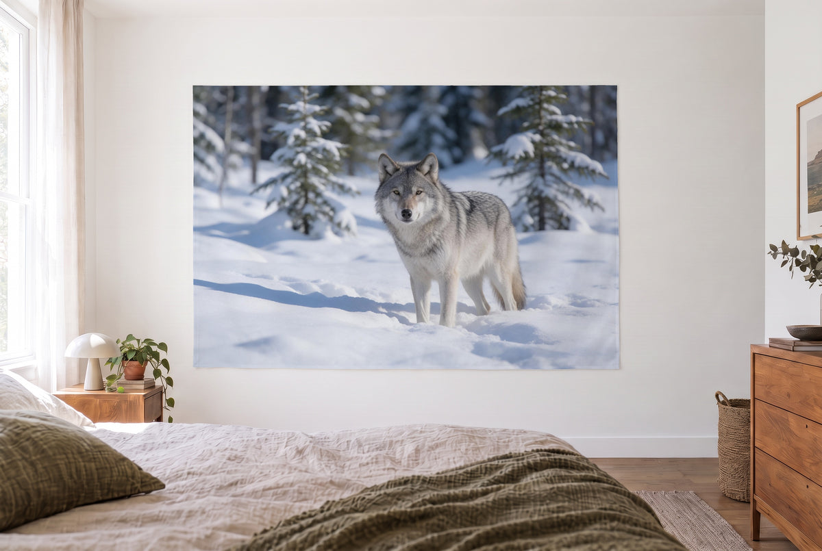 Wolf in the snow tapestry in the bright bedroom opposite the bed, wooden dresser at right – grey, white and green