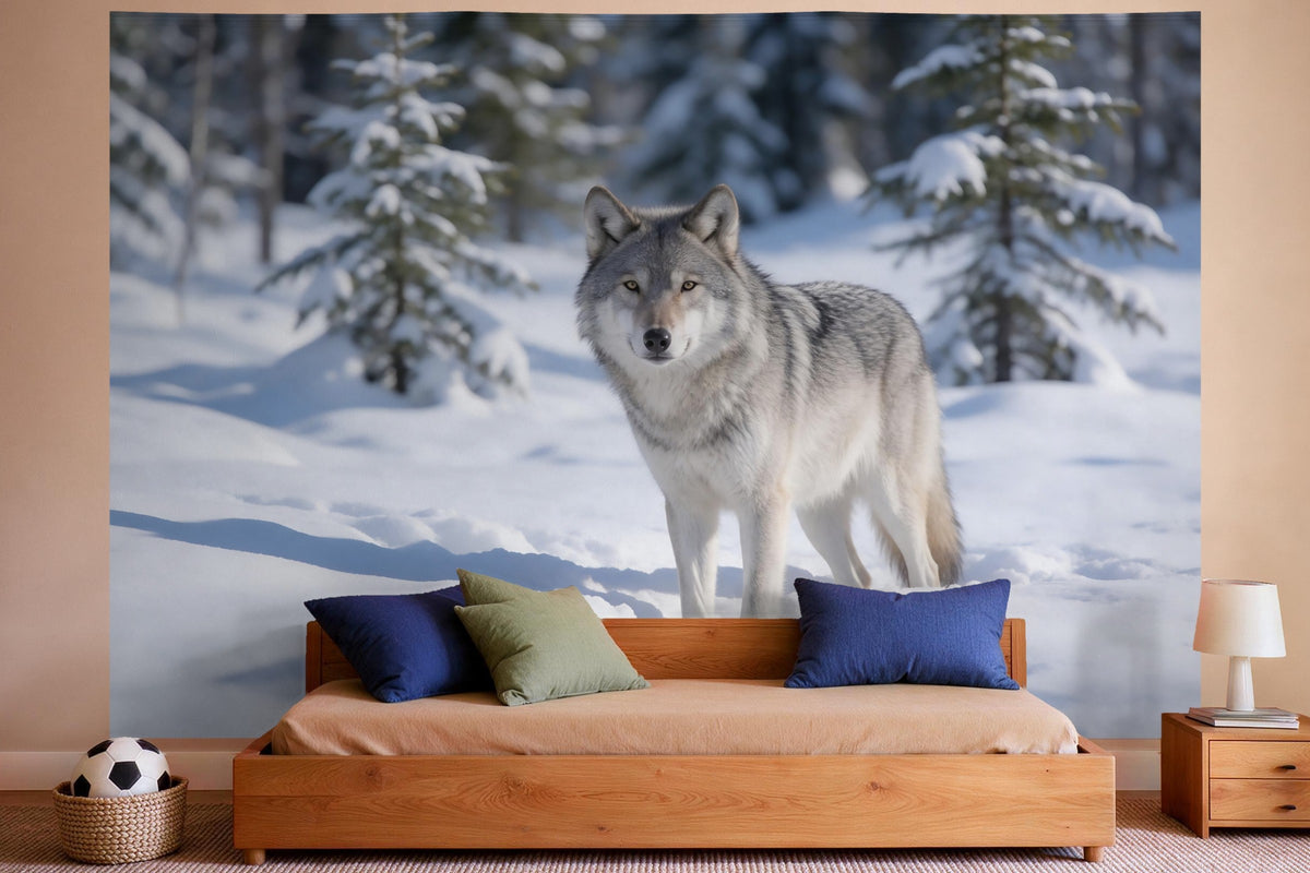 Wanddeko im Jungen-Kinderzimmer: Wandtuch Wolf im Schnee, auf Stoff gedruckt