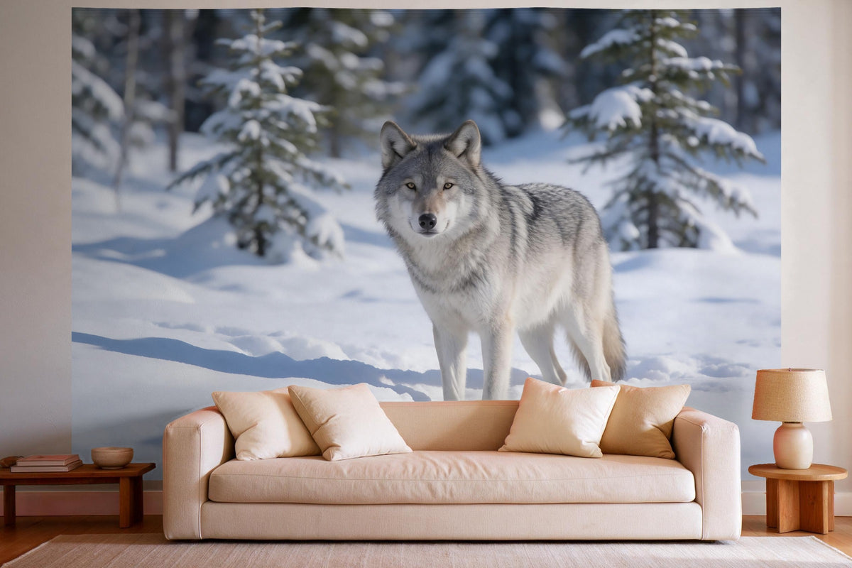 Wandtuch XXL Wolf im Schnee als Wanddeko im hellen Wohnzimmer über dem Sofa