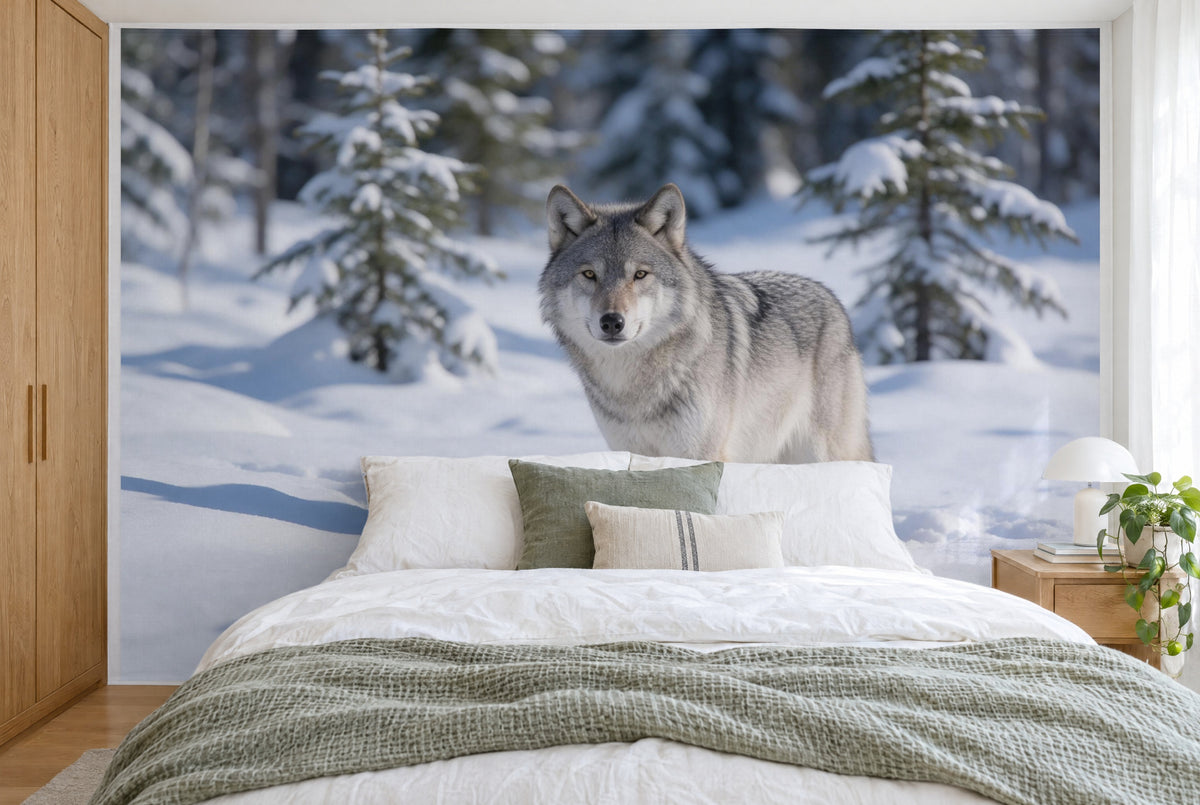 XXL printed fabric: grey wolf in the centre before firs with snow caps, filling the wall behind the bed