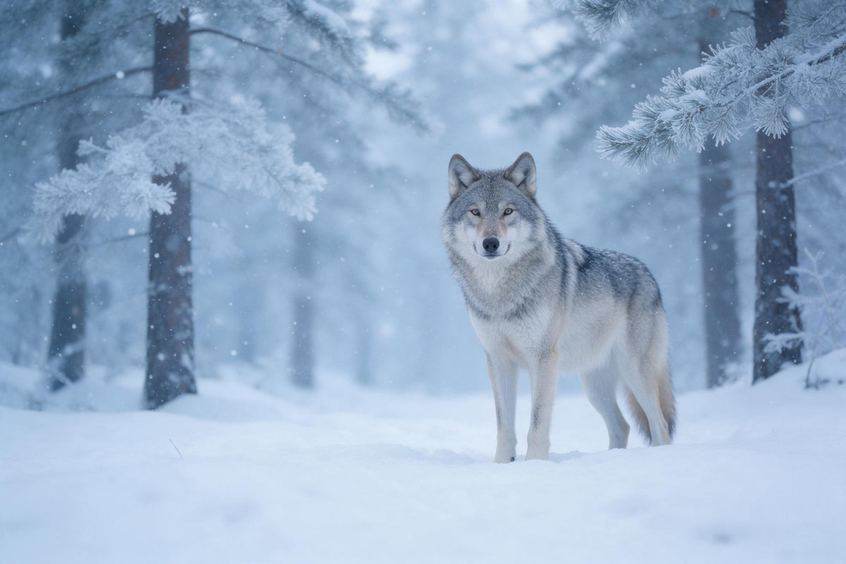 Grey wolf right of centre in a snowy pine forest with gentle snowfall, tapestry printed on fabric – ice blue