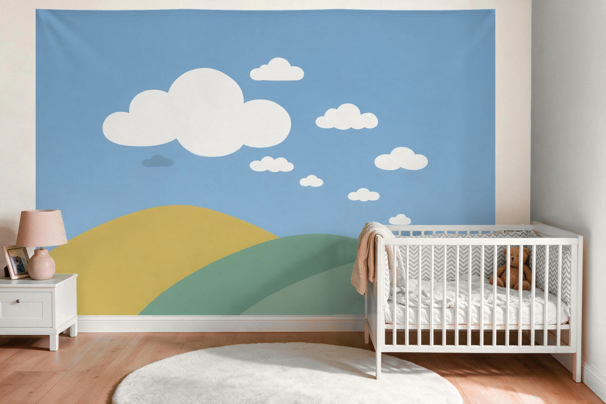 Tapiz de pared XXL Nubes en un cielo azul estilo mid-century como decoración en la habitación del bebé sobre la cuna