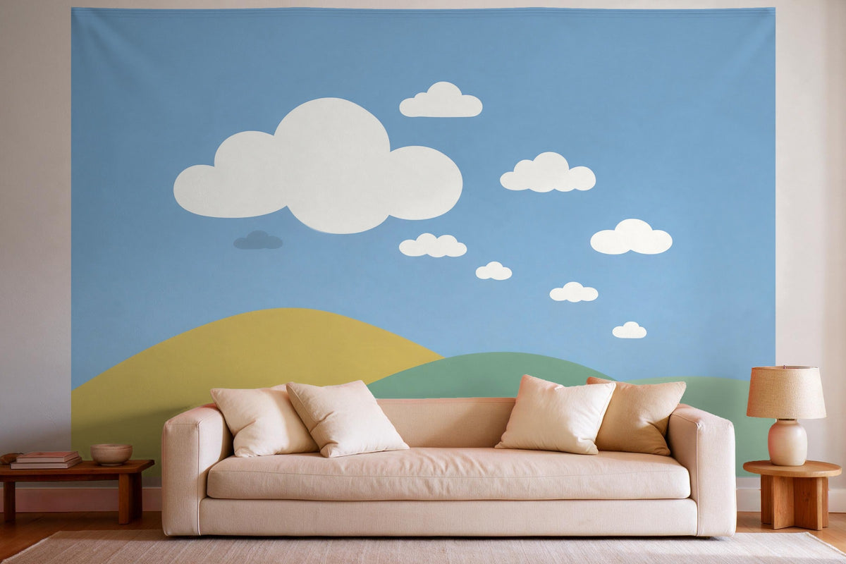 Decoración de pared en un salón luminoso sobre el sofá: tapiz de tela Nubes en un cielo azul estilo mid-century