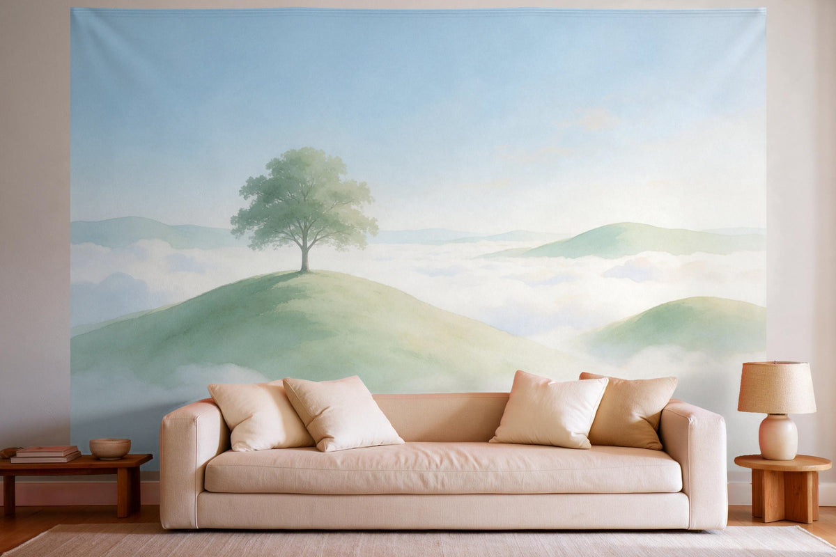 Wandtuch XXL Wolkenmeer über den Hügeln als Wanddeko im hellen Wohnzimmer über dem Sofa