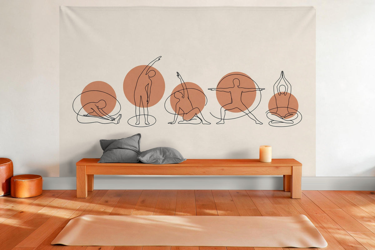 Tapiz de pared XXL Posturas de yoga en line art como decoración en una sala de yoga