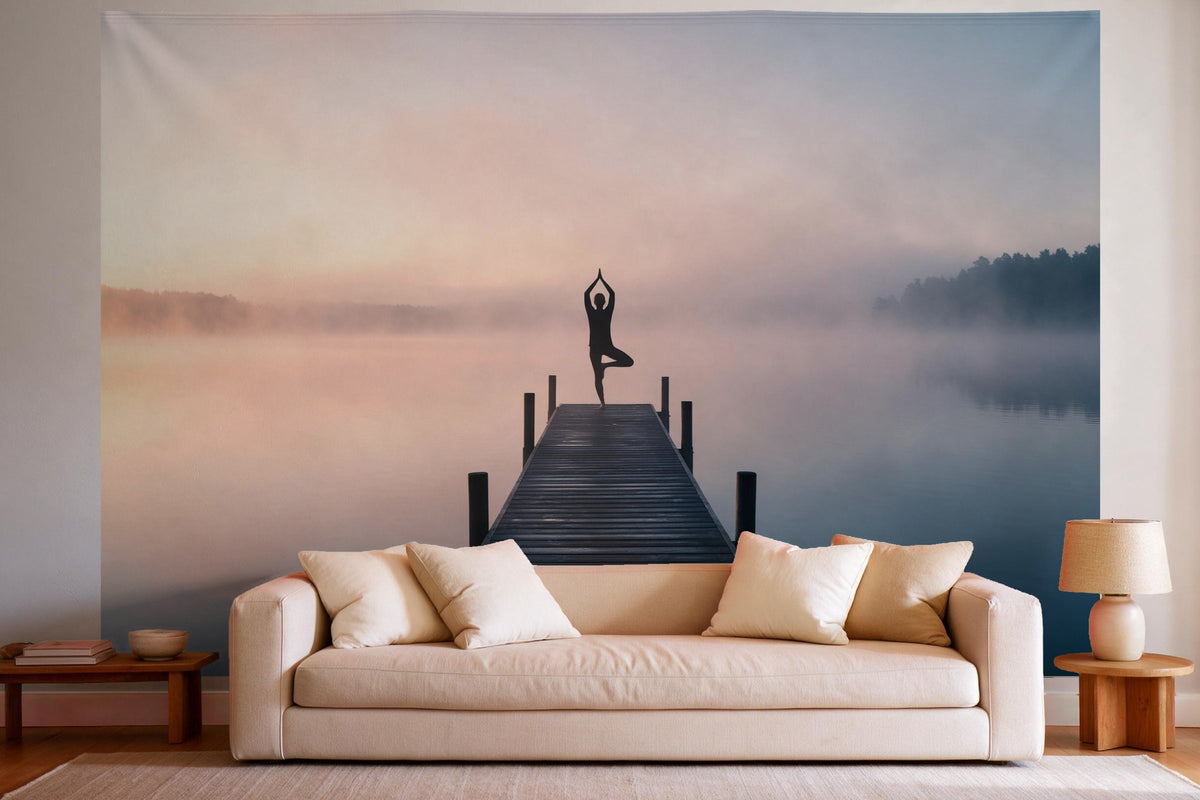 Wall decor in a bright living room above the sofa: printed fabric tapestry Yoga Silhouette by the Lake