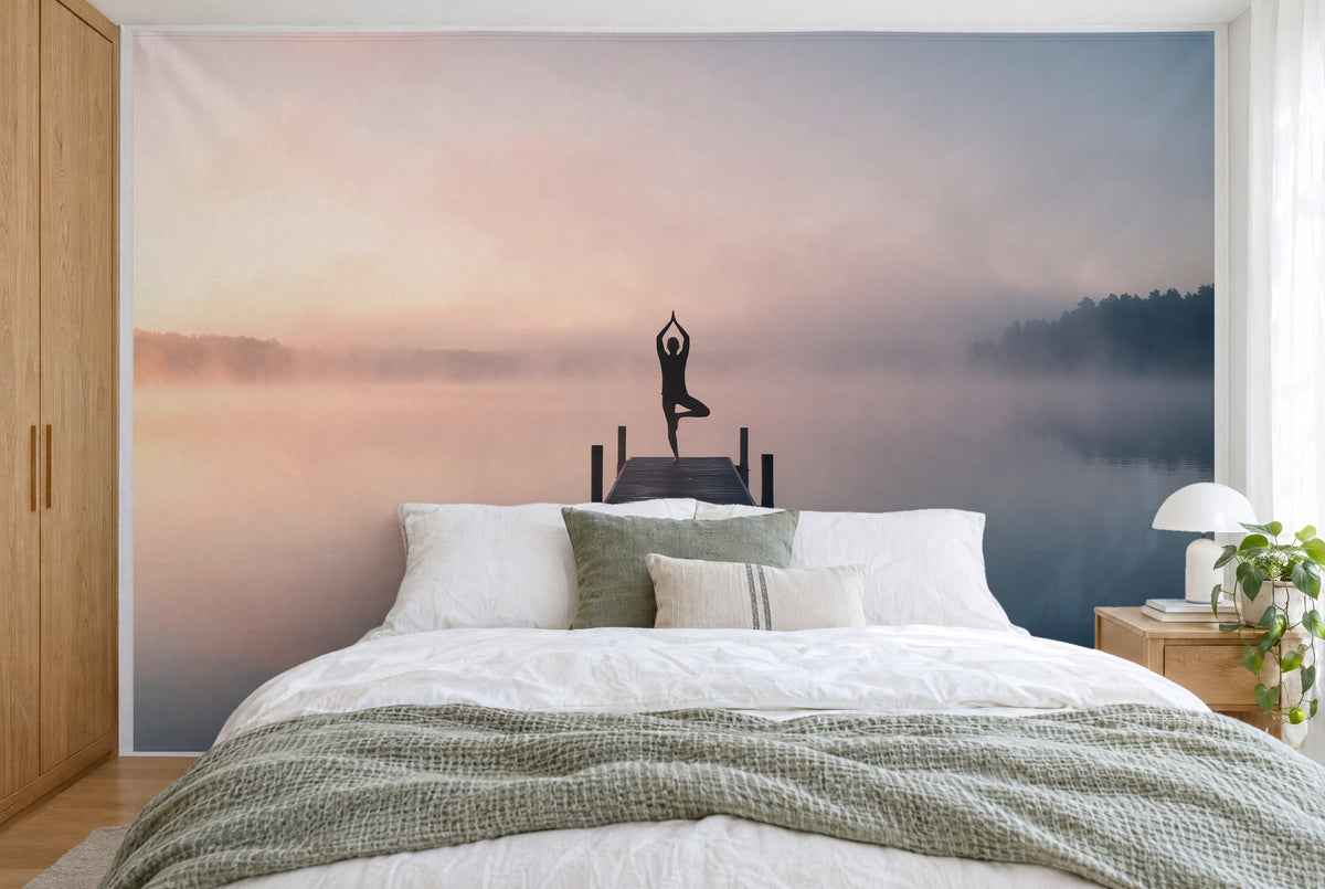Large wall hanging Yoga Silhouette by the Lake in the bedroom, wall-filling behind the bed – printed tapestry