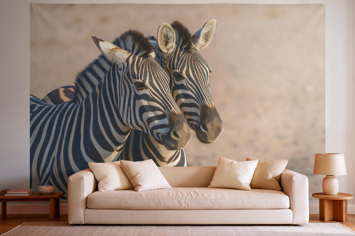 Tapiz de pared XXL Cebras en primer plano como decoración en un salón luminoso sobre el sofá