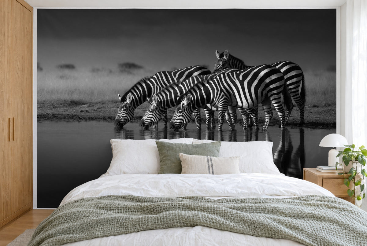 Large wall hanging Zebras in Black and White in the bedroom, wall-filling behind the bed – printed tapestry