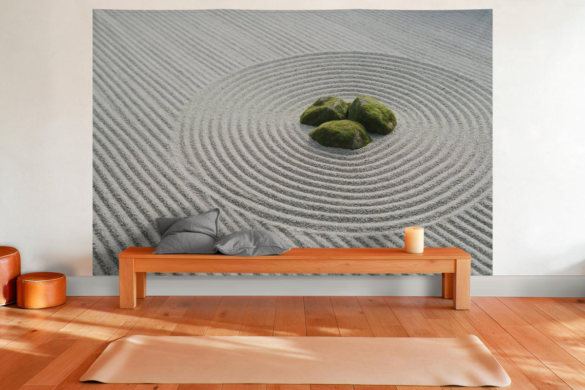 Wandtuch XXL Zen Garten mit geharktem Kies als Wanddeko im Yogaraum