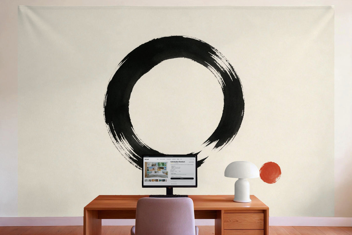 Wanddeko im Büro hinter dem Schreibtisch: Wandtuch Zen-Kreis Enso, auf Stoff gedruckt