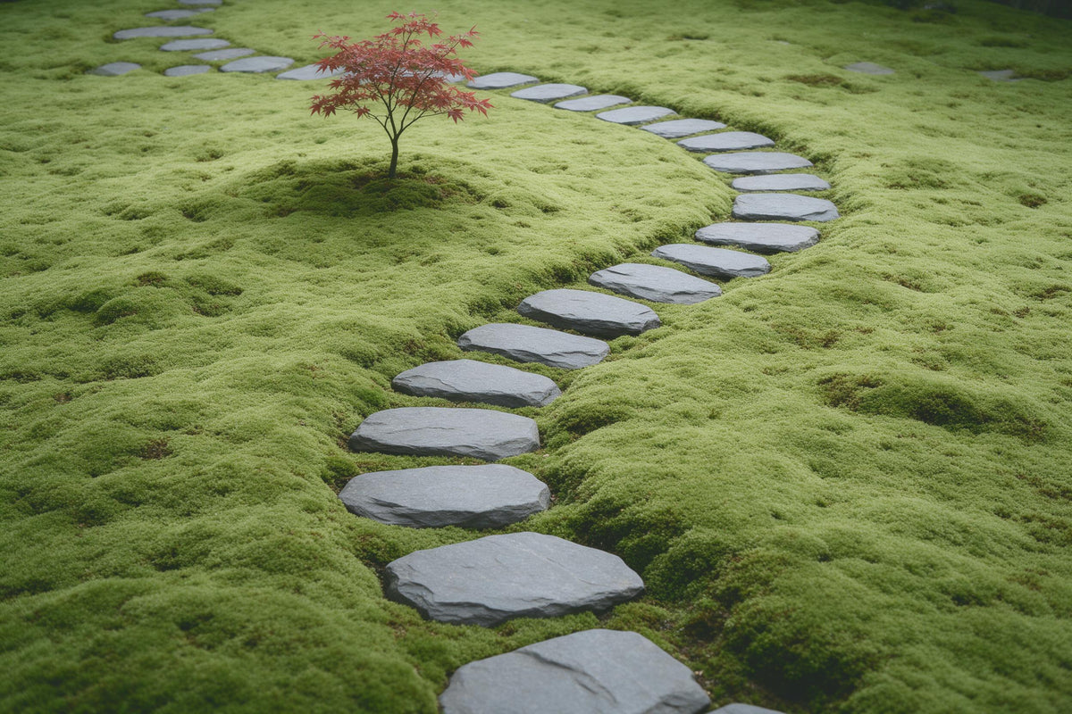 Jardín zen de musgo con alfombra densa, piedras grises y arce rojo, tapiz impreso en tela – verde y rojo