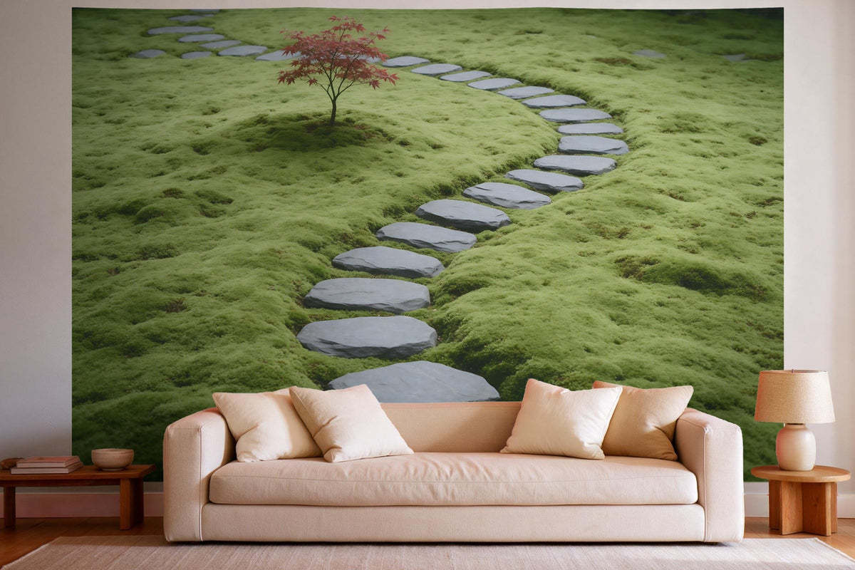 Decoración de pared en un salón luminoso sobre el sofá: tapiz de tela Jardín zen de musgo con piedras