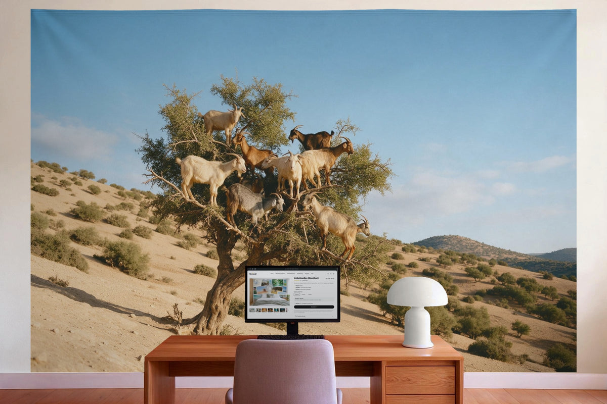 Decoración de pared en la oficina detrás del escritorio: tapiz de tela Cabras en el árbol de argán