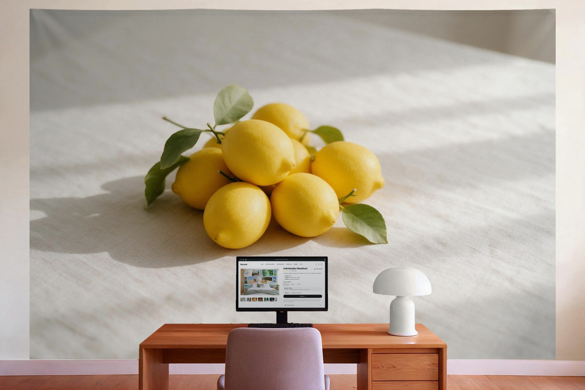Decoración de pared en la oficina detrás del escritorio: tapiz de tela Limones con hojas sobre lino