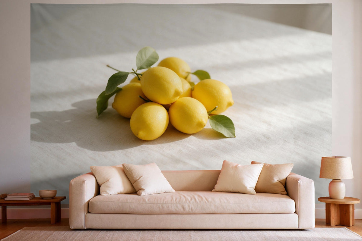 Tapiz de pared XXL Limones con hojas sobre lino como decoración en un salón luminoso sobre el sofá