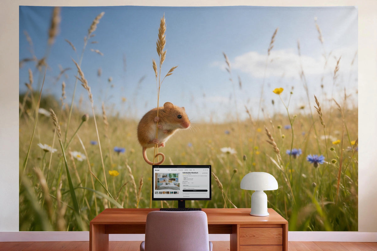 Wall decor in a home office behind the desk: printed fabric tapestry Harvest Mouse on a Grass Stalk