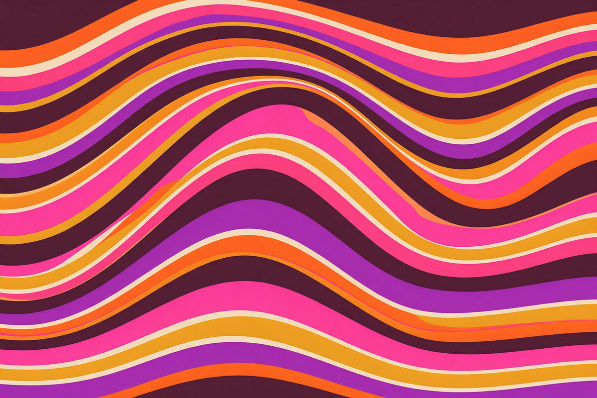 Retro-Wellenbänder in Pink, Violett, Senfgelb und Orange mit Cremelinien auf Aubergine, als Wandtuch, auf Stoff gedruckt