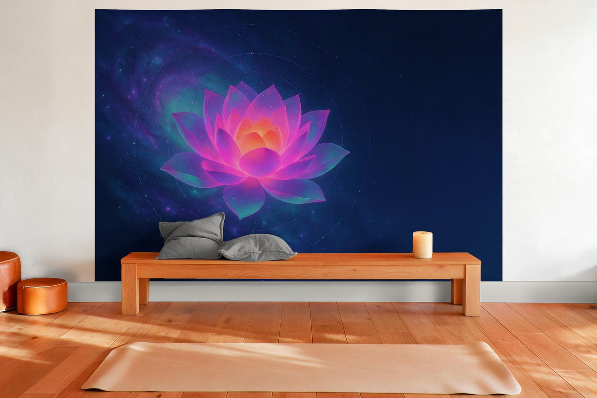 Wandtuch XXL Kosmischer Lotus vor einer Galaxie als Wanddeko im Yogaraum