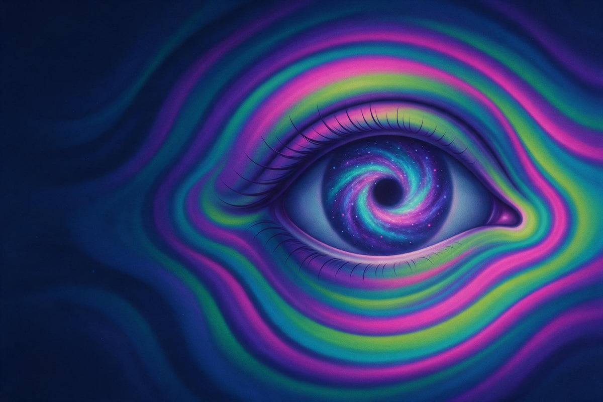Œil cosmique psychédélique à l'iris galaxie à droite du centre, tenture murale imprimée sur tissu – turquoise et magenta
