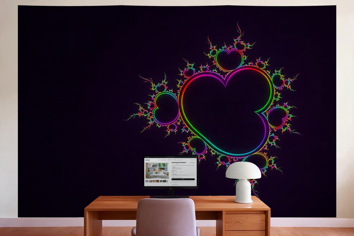 Wandtuch XXL Neon-Fraktal in Regenbogenfarben als Wanddeko im Büro hinter dem Schreibtisch