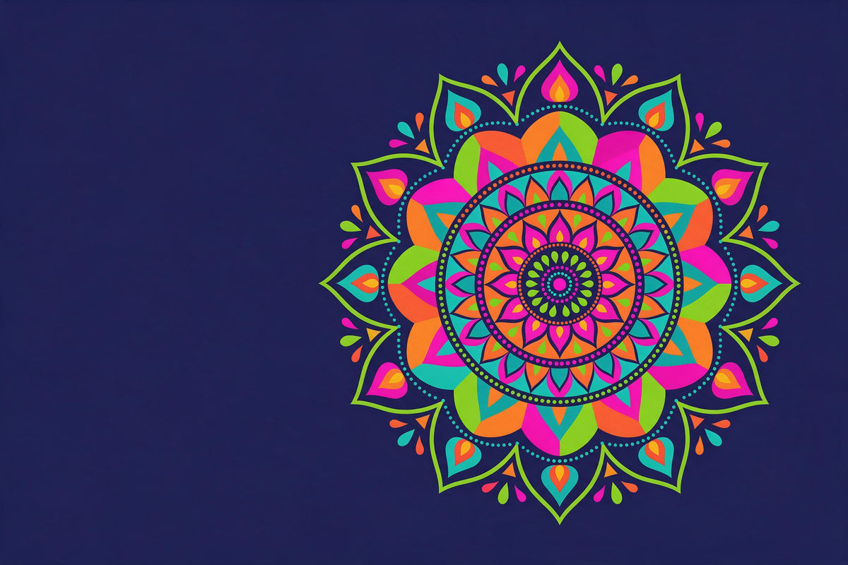 Neon mandala of petals and dot rings on night blue, tapestry printed on fabric – pink and turquoise