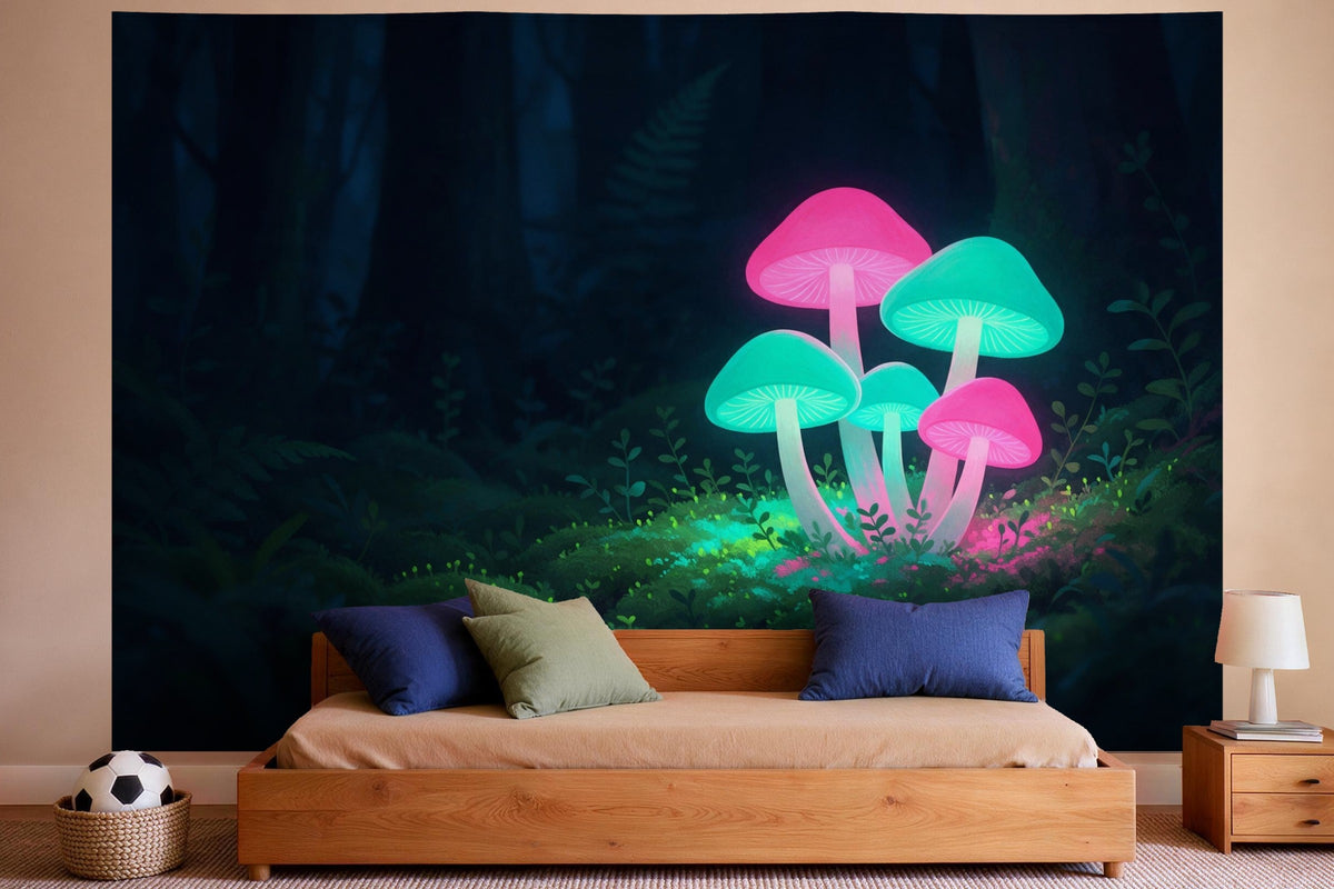 Wanddeko im Jungen-Kinderzimmer: Wandtuch Neonpilze im Märchenwald, auf Stoff gedruckt