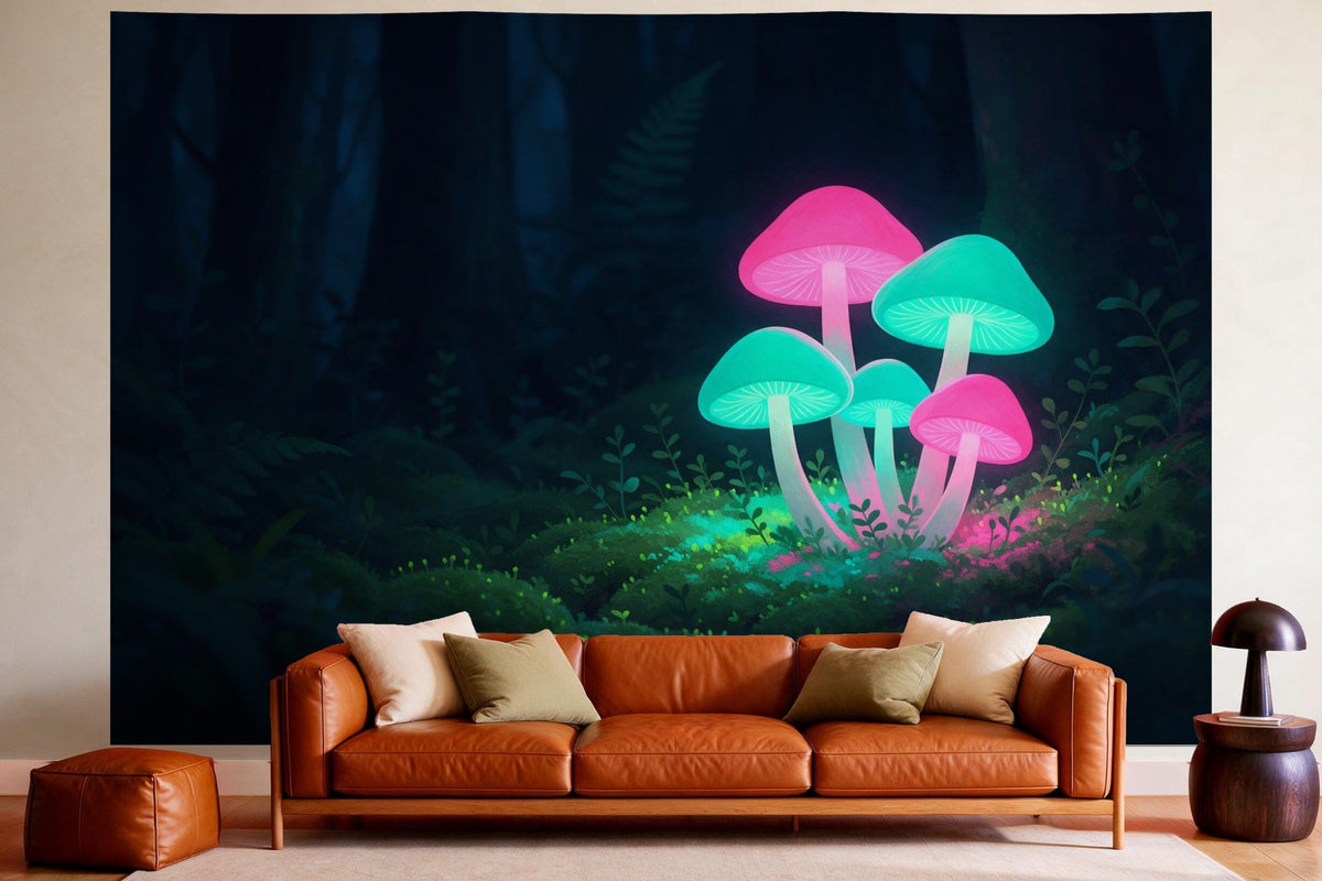 Wandtuch XXL Neonpilze im Märchenwald als Wanddeko im gemütlichen Wohnzimmer über dem Ledersofa