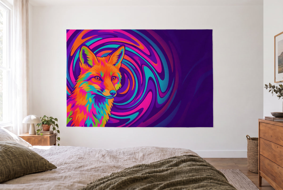 Wandtuch Trippy Fuchs im Farbstrudel im hellen Schlafzimmer gegenüber dem Bett, rechts eine Holzkommode – Orange und Violett