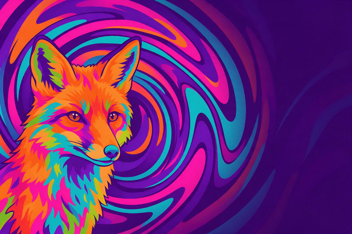 Fuchs aus Neonflächen in Orange und Türkis links vor violettem Strudel, als Wandtuch, auf Stoff gedruckt – Pink und Violett
