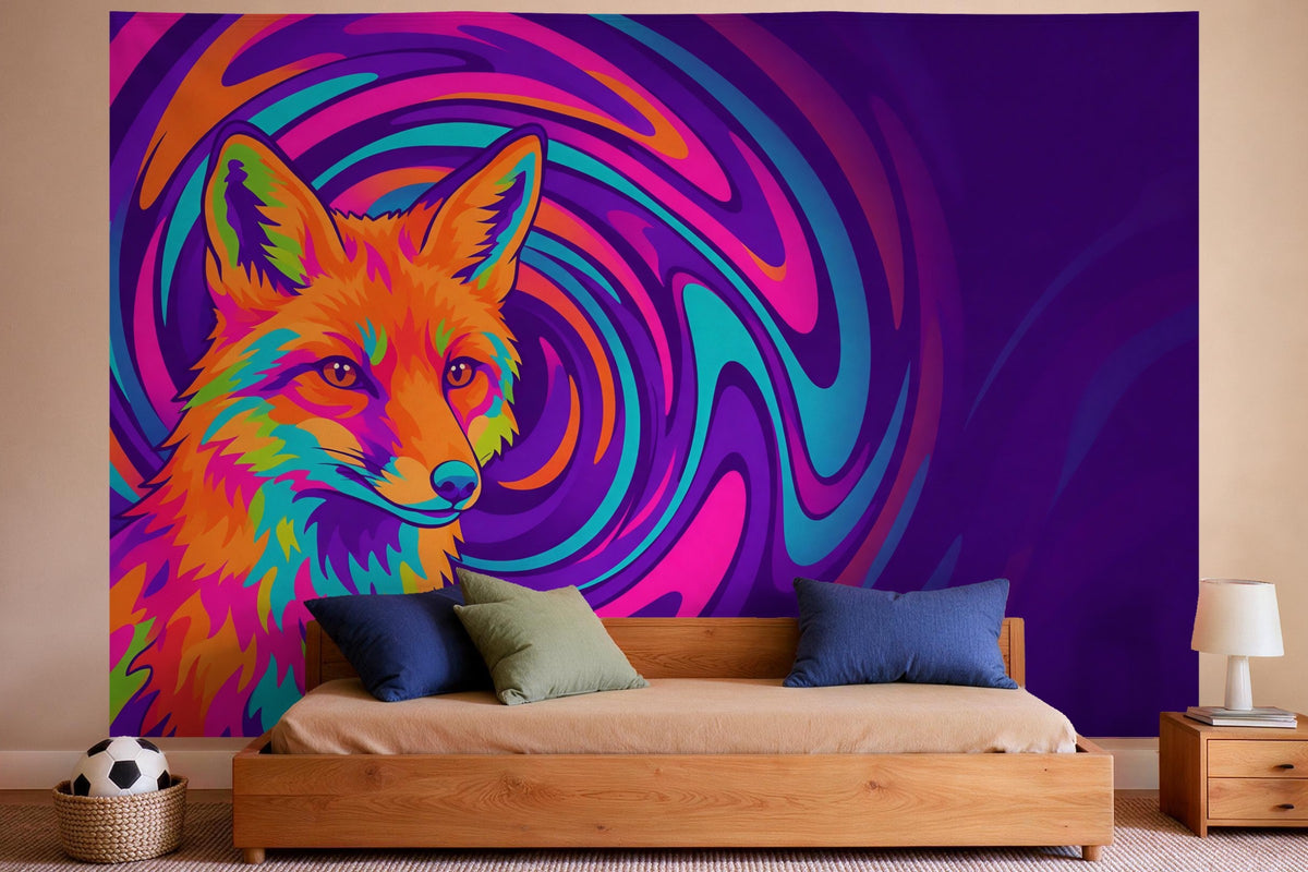 Wanddeko im Jungen-Kinderzimmer: Wandtuch Trippy Fuchs im Farbstrudel, auf Stoff gedruckt
