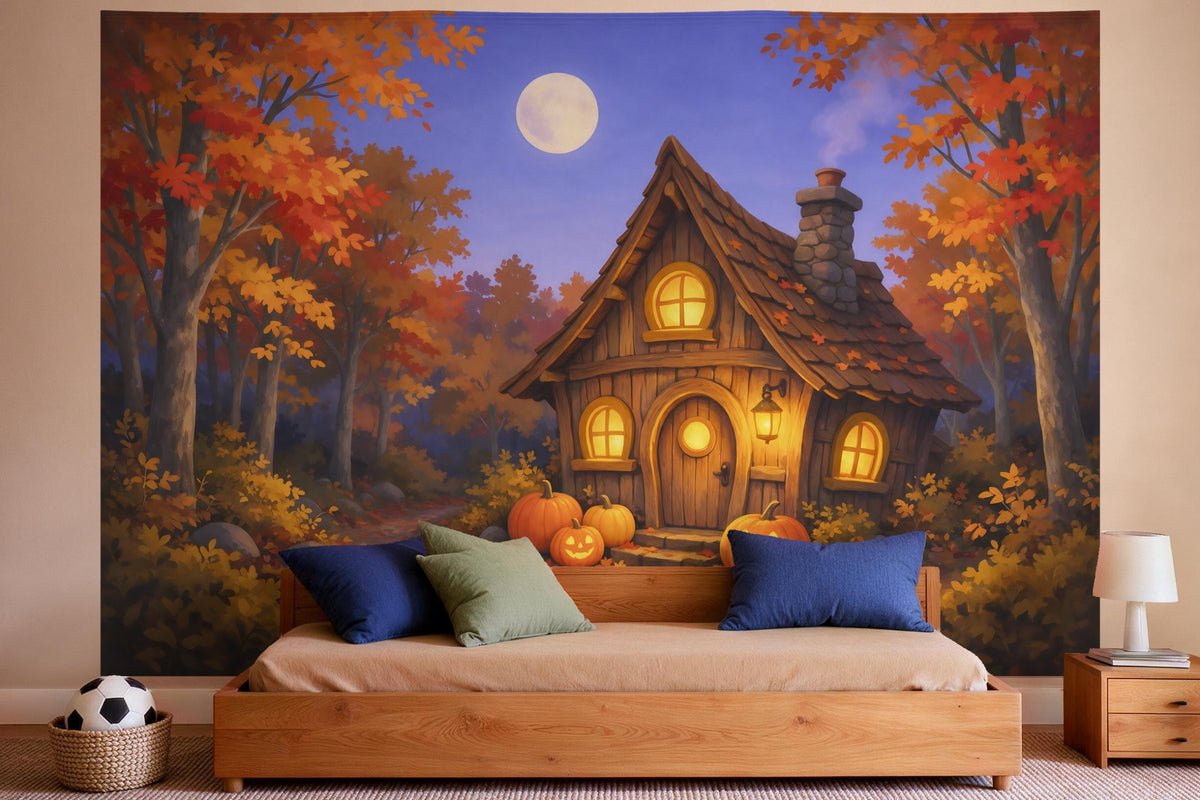 Wanddeko im Jungen-Kinderzimmer: Wandtuch Halloween-Hexenhaus im Herbstwald, auf Stoff gedruckt