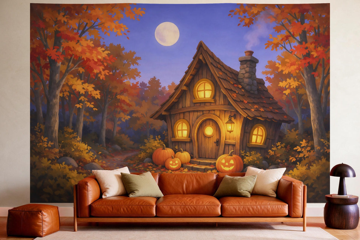 Wandtuch XXL Halloween-Hexenhaus im Herbstwald als Wanddeko im gemütlichen Wohnzimmer über dem Ledersofa