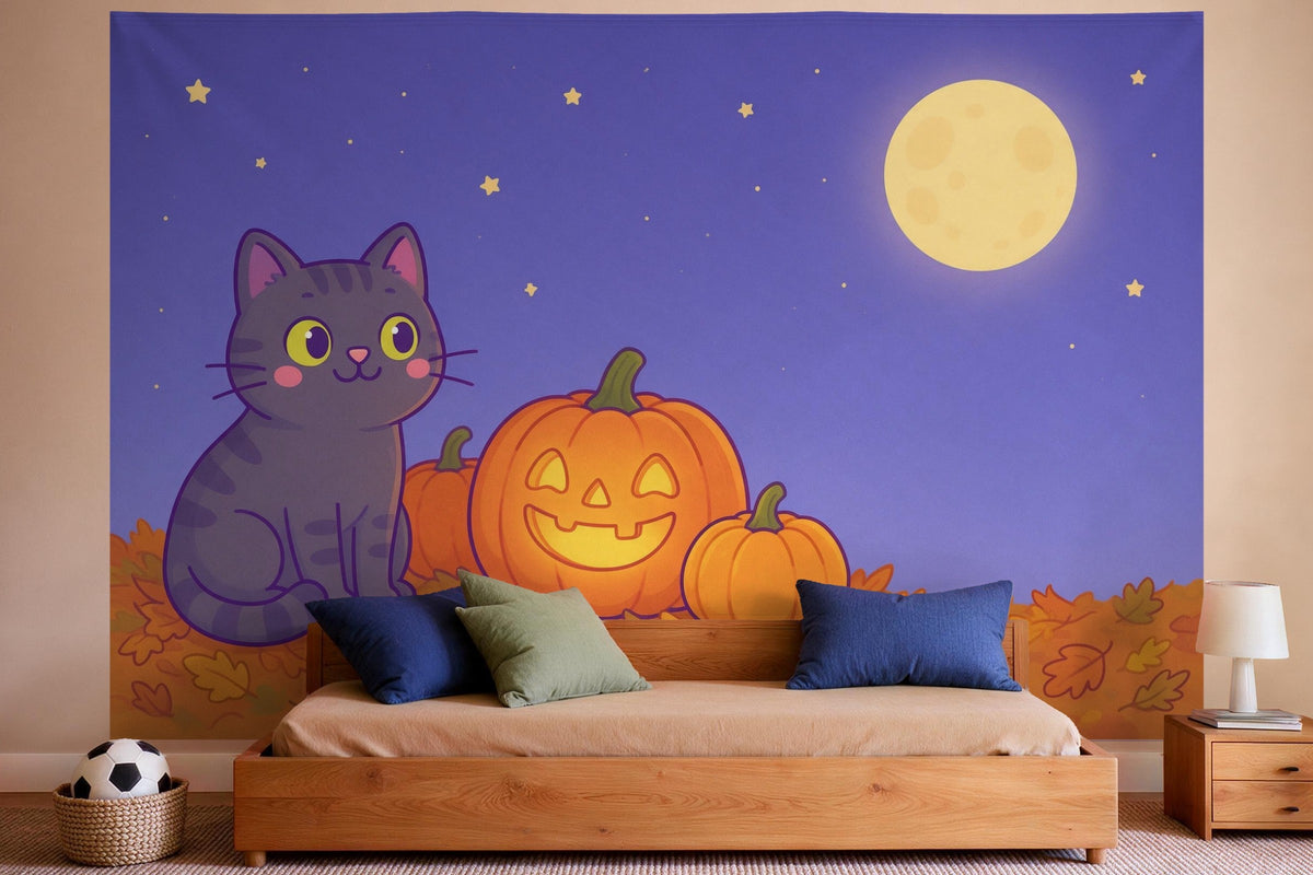 Wanddeko im Jungen-Kinderzimmer: Wandtuch Halloween-Katze mit Kürbislaterne, auf Stoff gedruckt