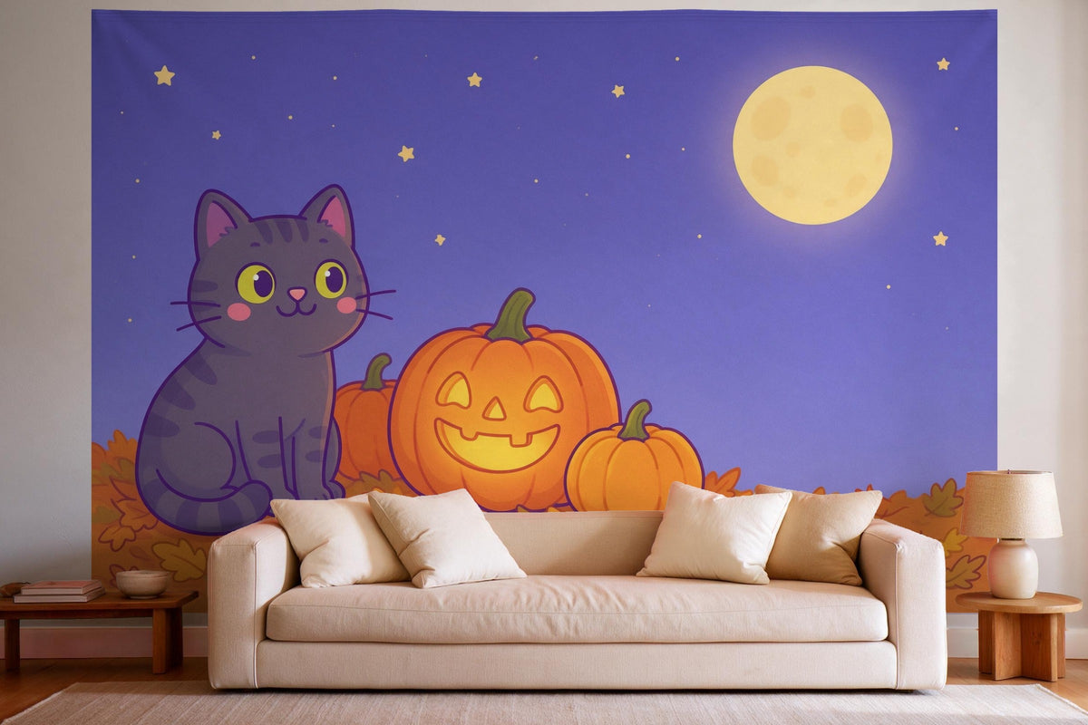 Wandtuch XXL Halloween-Katze mit Kürbislaterne als Wanddeko im hellen Wohnzimmer über dem Sofa