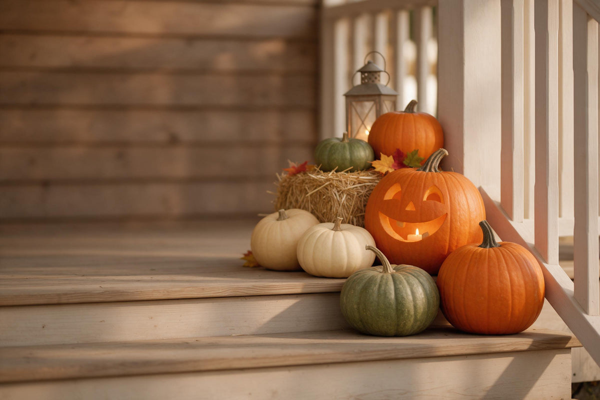 Halloween-Kürbisse mit lächelnder Kürbislaterne auf heller Holzveranda, als Wandtuch, auf Stoff gedruckt – Orange und Creme