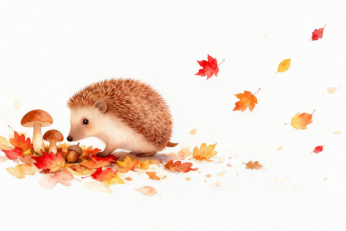 Junger Igel zwischen roten und gelben Herbstblättern links, mit zwei Pilzen, als Wandtuch, auf Stoff gedruckt – Orange