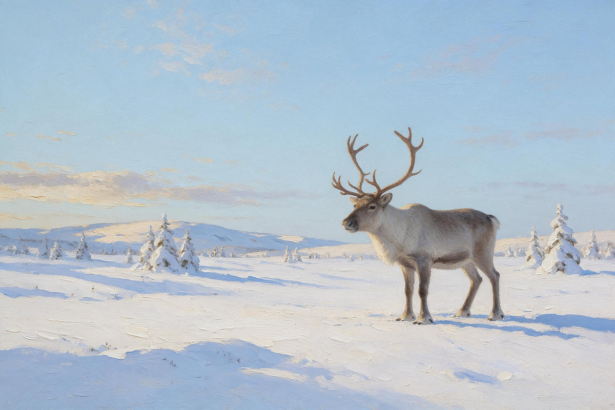 Rentier mit Geweih rechts in weiter Schneelandschaft mit Fichten, als Wandtuch, auf Stoff gedruckt – Weiss und Blau